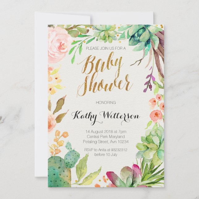 Succulent cactus baby shower invitation (Front)