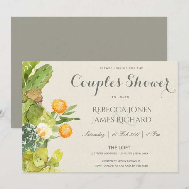SUCCULENT CACTUS FLORAL GARDEN COUPLES SHOWER INVITATION (Front/Back)