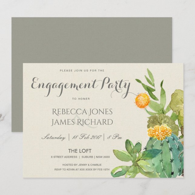 SUCCULENT CACTUS FLORAL GARDEN ENGAGEMENT INVITATION (Front/Back)