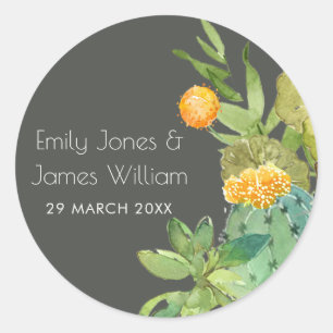 SUCCULENT CACTUS FLORAL GARDEN WATERCOLOR MONOGRAM CLASSIC ROUND STICKER