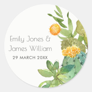 SUCCULENT CACTUS FLORAL GARDEN WATERCOLOR MONOGRAM CLASSIC ROUND STICKER