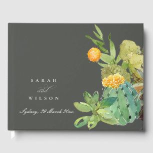 SUCCULENT CACTUS FLORAL GARDEN WATERCOLOR MONOGRAM GUEST BOOK