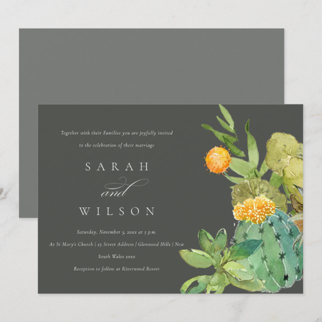 SUCCULENT CACTUS FLORAL GARDEN WATERCOLOR WEDDING INVITATION (Front/Back)