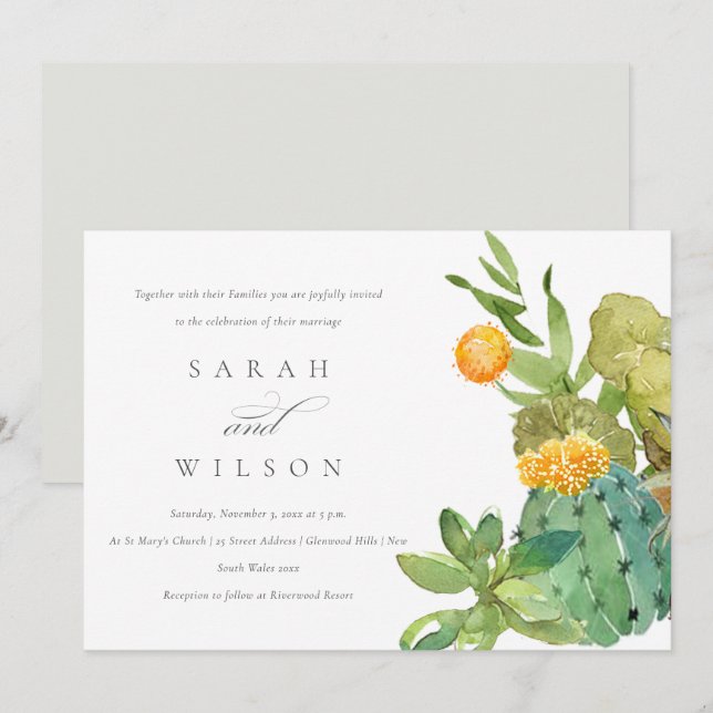 SUCCULENT CACTUS FLORAL GARDEN WATERCOLOR WEDDING INVITATION (Front/Back)