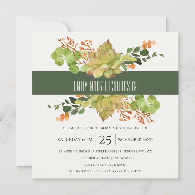 SUCCULENT CACTUS FLORAL WATERCOLOR BRIDAL SHOWER INVITATION (Front)