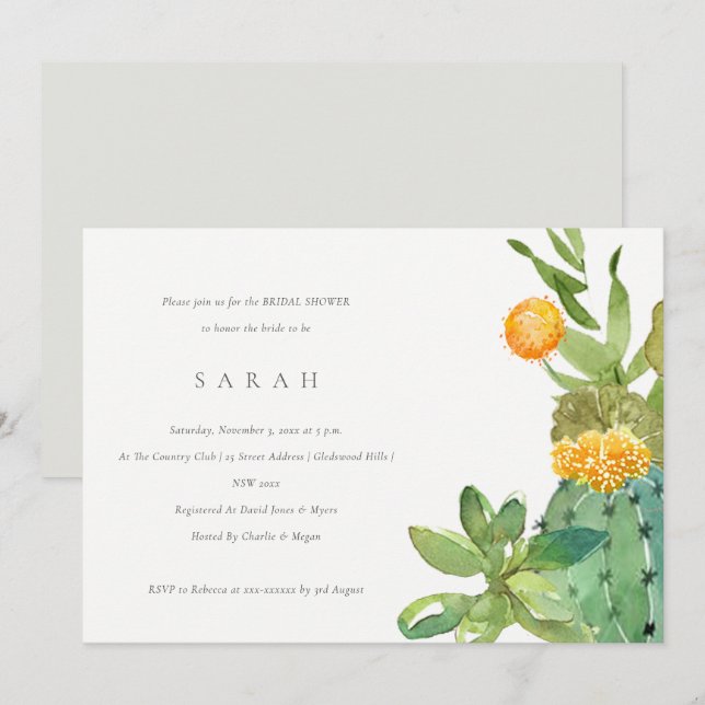 SUCCULENT CACTUS FLORAL WATERCOLOR BRIDAL SHOWER INVITATION (Front/Back)