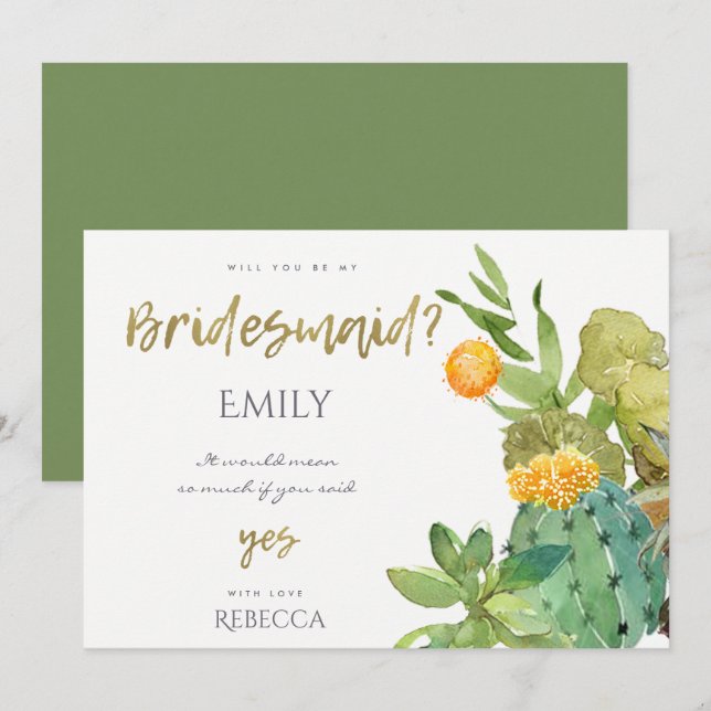 SUCCULENT CACTUS FLORAL WATERCOLOR BRIDESMAID INVITATION (Front/Back)