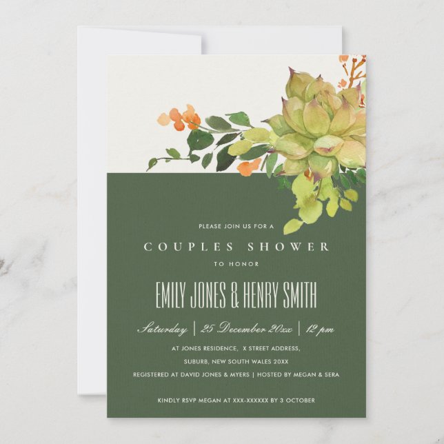 SUCCULENT CACTUS FLORAL WATERCOLOR COUPLES SHOWER INVITATION (Front)