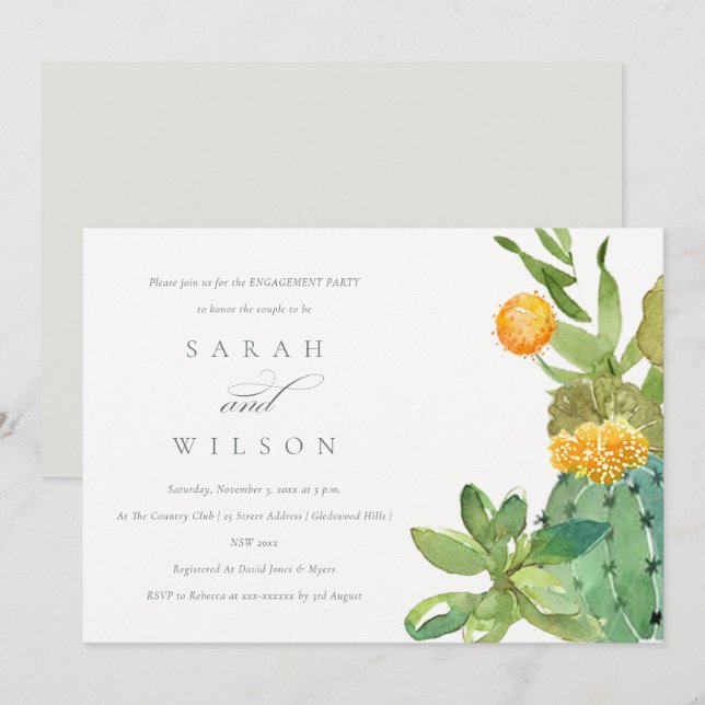SUCCULENT CACTUS FLORAL WATERCOLOR ENGAGEMENT INVITATION (Front/Back)