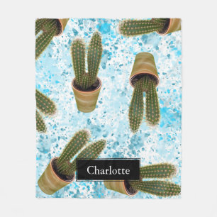 Succulent Cactus in Pots and Blue Watercolor Splat Fleece Blanket