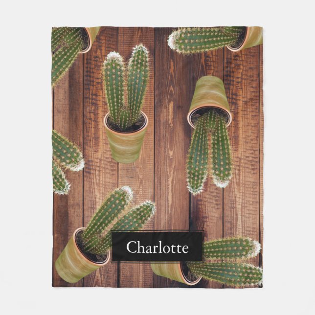Succulent Cactus in Pots and Dark Wooden Planks Fleece Blanket (Front)