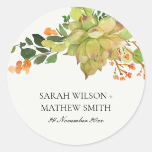 SUCCULENT CACTUS ORANGE FLORAL WATERCOLOR WEDDING CLASSIC ROUND STICKER