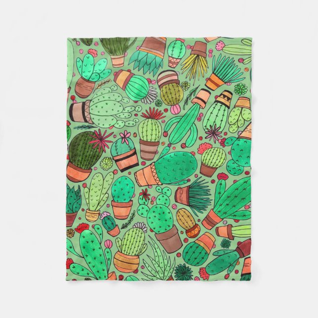 Succulent Cactus Potted Plants Green Cacti Garden Fleece Blanket (Front)