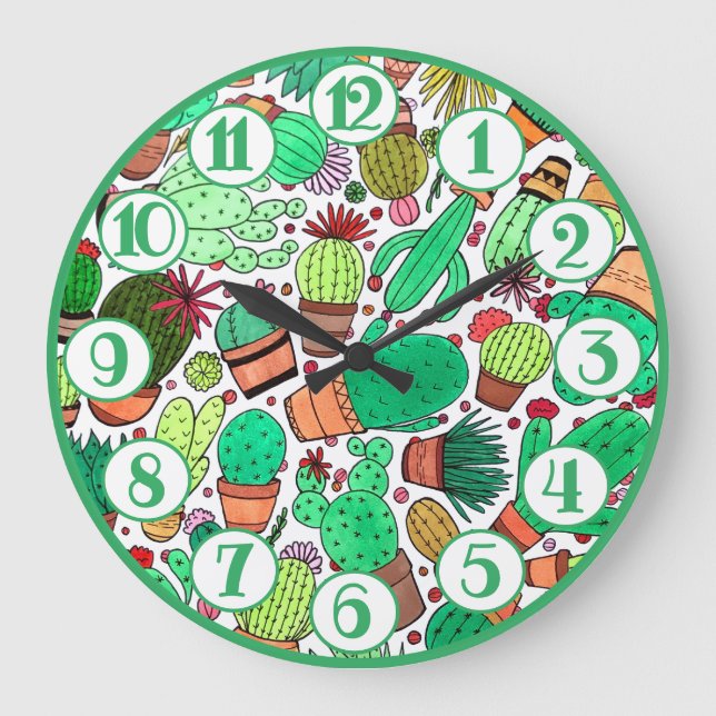 Succulent Cactus Potted Plants Green Cacti Garden Large Clock (Front)