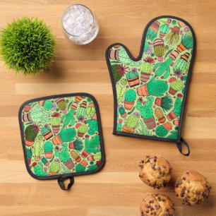 Succulent Cactus Potted Plants Green Cacti Garden Oven Mitt & Pot Holder Set