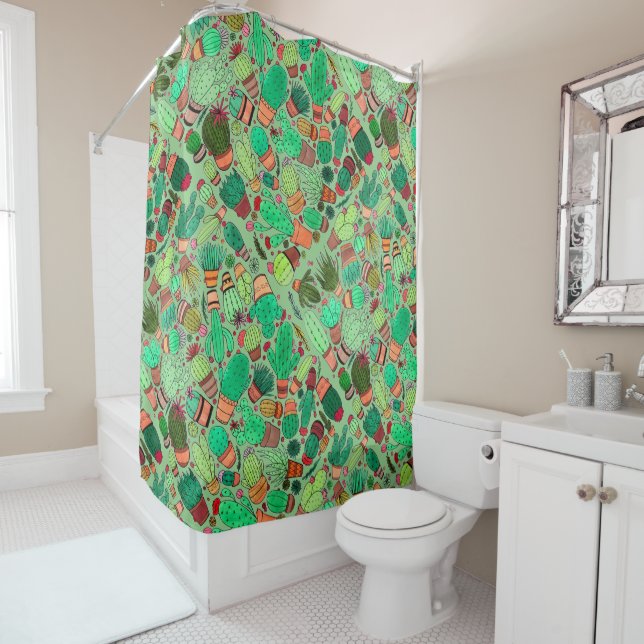 Succulent Cactus Potted Plants Green Cacti Garden Shower Curtain (In Situ)