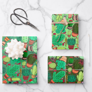 Succulent Cactus Potted Plants Green Cacti Garden Wrapping Paper Sheet