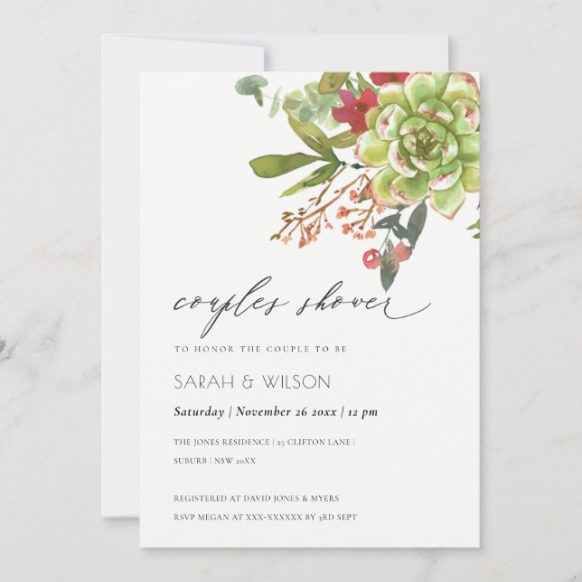 Succulent Cactus Red Floral Couples Shower Invite (Front)