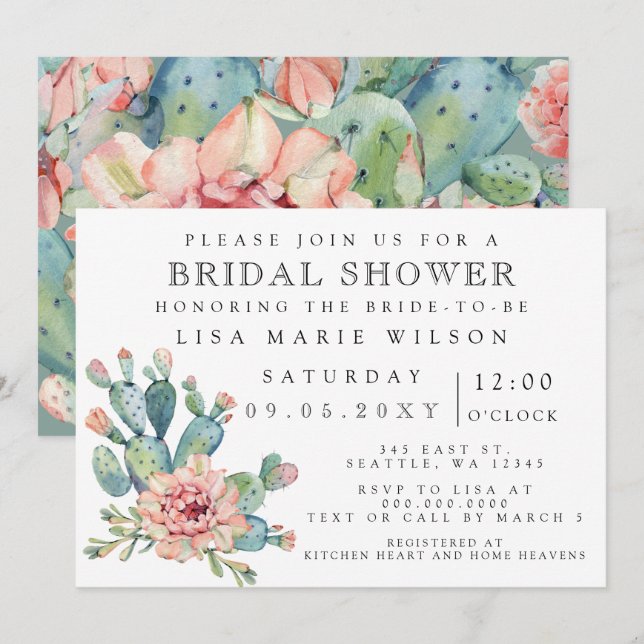 Succulent Cactus Rose Bridal Shower Invitation (Front/Back)