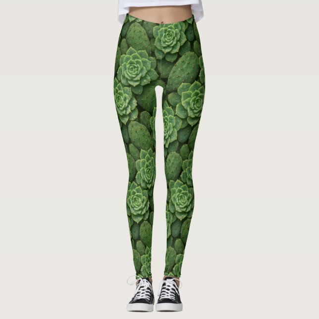 Succulent & Cactus Rosette Pattern with Dew Leggings (Front)