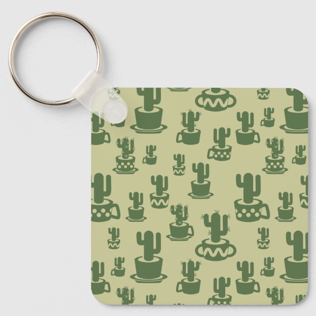 Succulent cactus silhouette in cups and pots  key ring (Front)