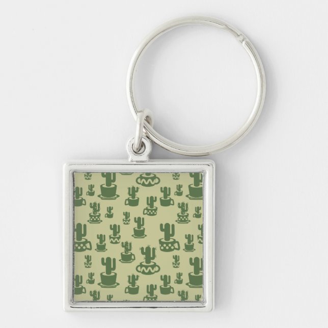 Succulent cactus silhouette in cups and pots  key ring (Front)