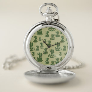 Succulent cactus silhouette in cups and pots  pocket watch