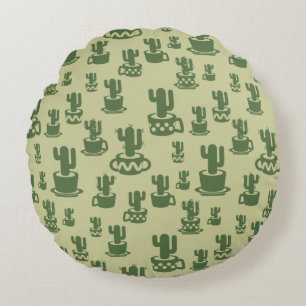 Succulent cactus silhouette in cups and pots round cushion