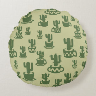 Succulent cactus silhouette in cups and pots round cushion