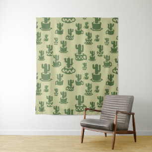 Succulent cactus silhouette in cups and pots tapestry