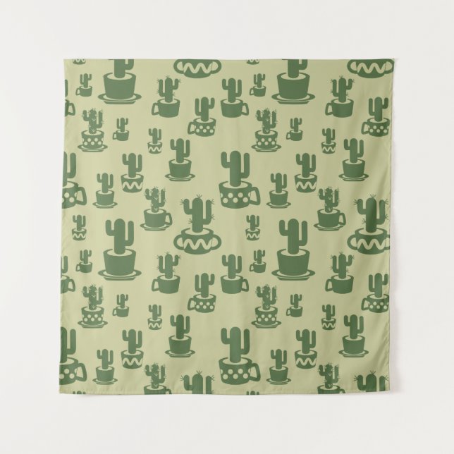 Succulent cactus silhouette in cups and pots tapestry (Front)