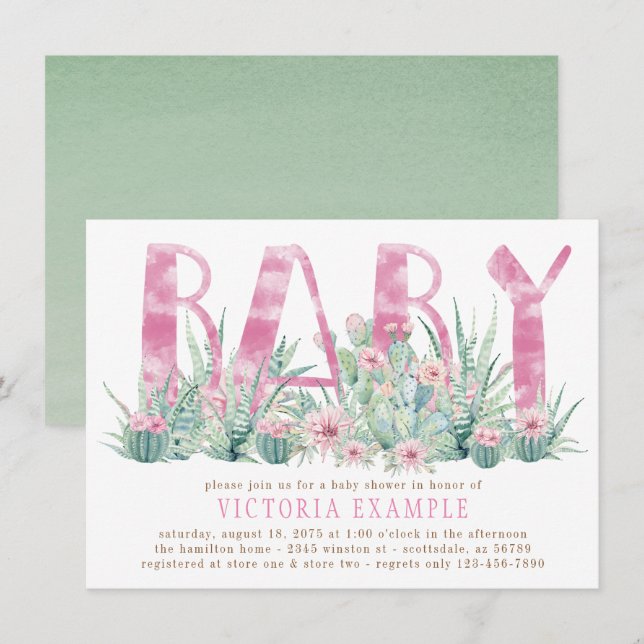 Succulent Cactus Watercolor Baby Girl Shower Invitation (Front/Back)