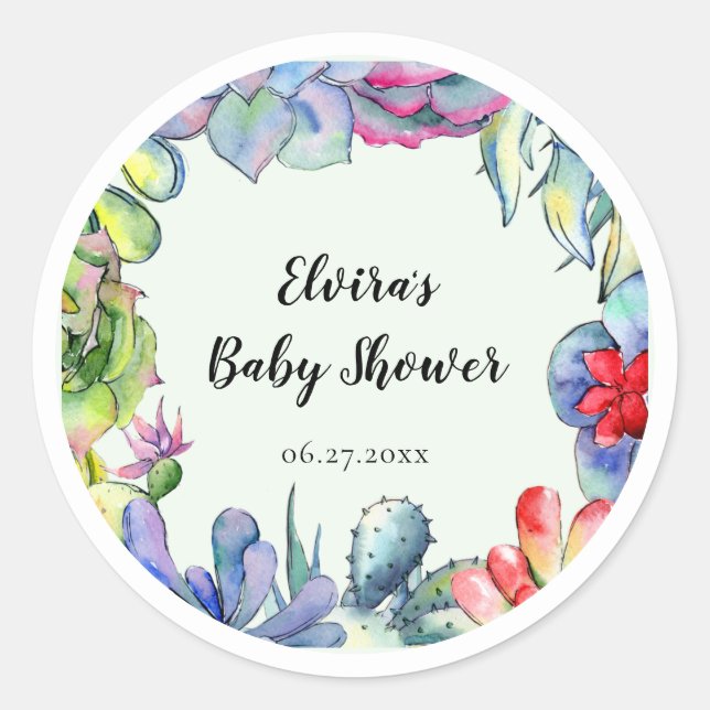 Succulent cactus watercolor Baby Shower Classic Round Sticker (Front)
