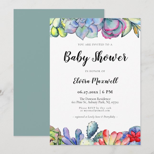 Succulent cactus watercolor Baby Shower Invitation (Front/Back)