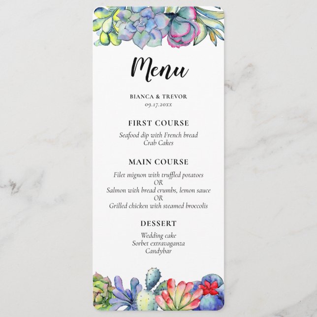 Succulent cactus watercolor wedding menu (Front)