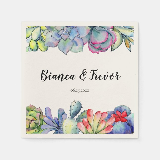 Succulent cactus watercolor wedding paper napkin (Front)