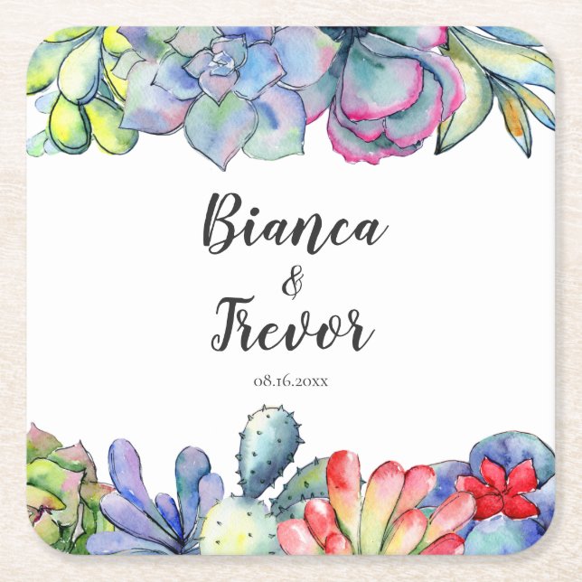 Succulent cactus watercolor wedding square paper coaster (Front)