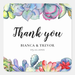 Succulent cactus watercolor wedding thank you square sticker