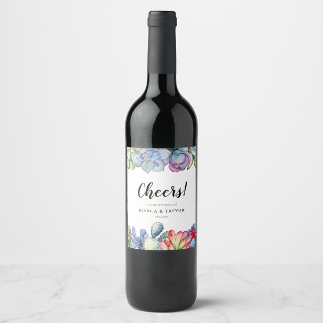 Succulent cactus watercolor wedding wine label (Front)