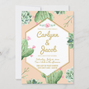 Succulent Cactus Wedding Invitation Gold and Pink
