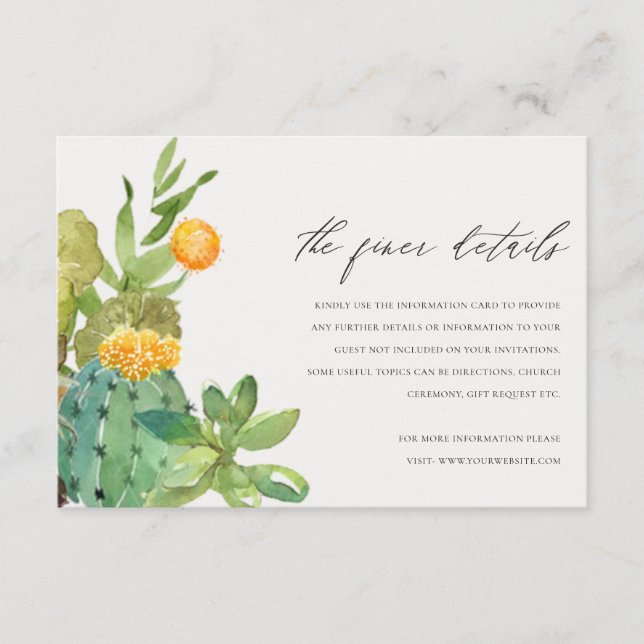 Succulent Cactus Yellow Foliage Wedding Details Enclosure Card (Front)
