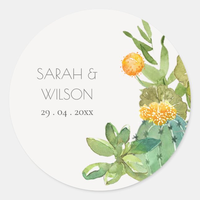 Succulent Cactus Yellow Green Foliage Wedding Classic Round Sticker (Front)