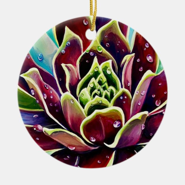 Succulent Christmas Ceramic Circle Ornament (Front)