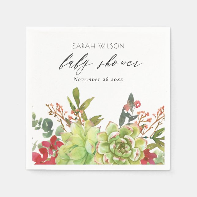Succulent Desert Cactus Red Floral Baby Shower Napkin (Front)