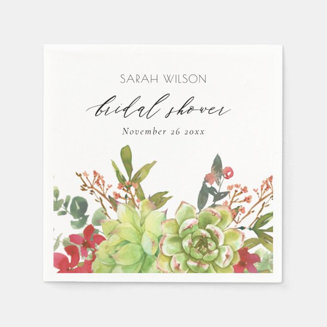 Succulent Desert Cactus Red Floral Bridal Shower Napkin (Front)