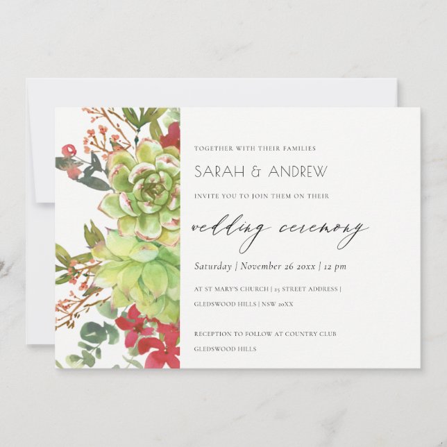 Succulent Desert Cactus Red Floral Wedding Invite (Front)