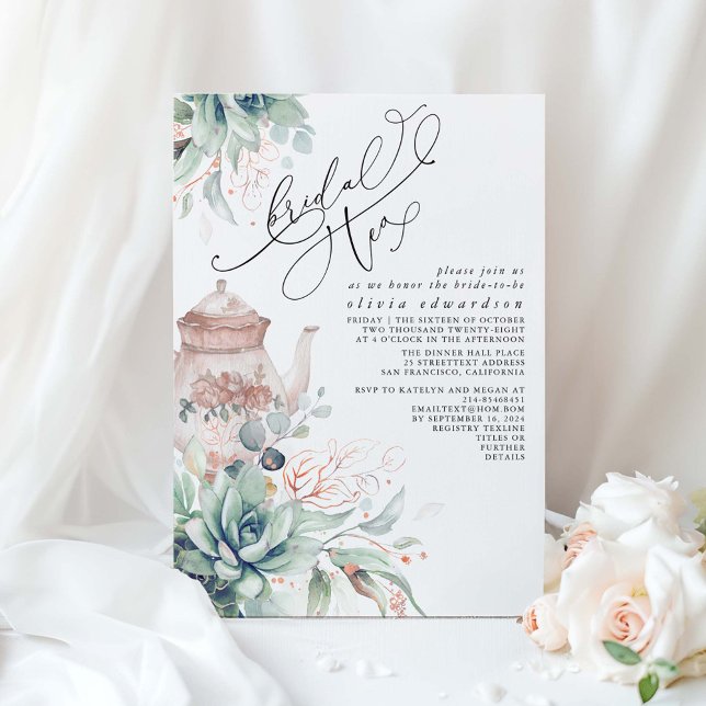 Succulent Elegant Greenery Bridal Shower Tea Party Invitation (Bridal Tea Rose Gold Greenery and Succulents Bridal Shower Invitation)