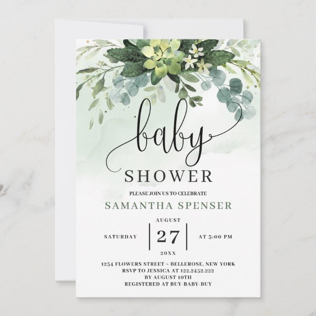 Succulent Eucalyptus Baby Shower Invitation (Front)