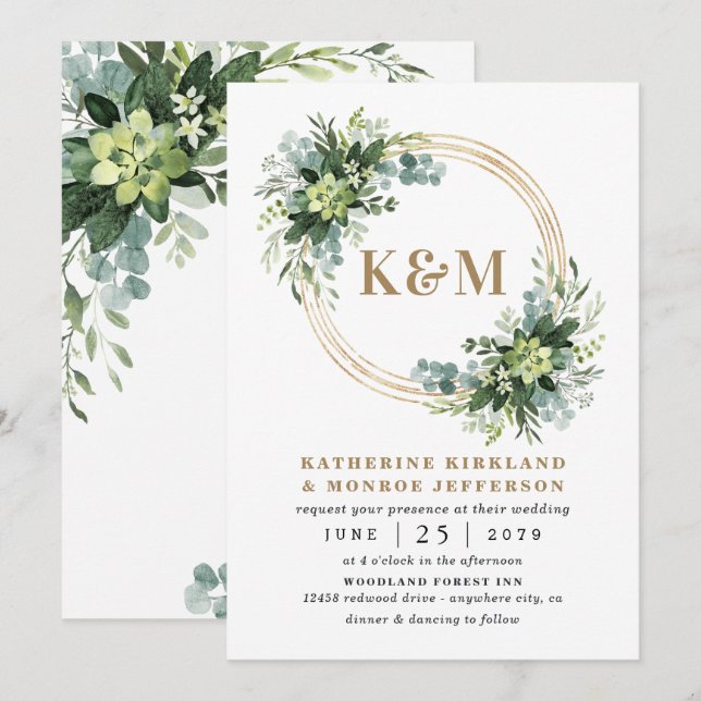 Succulent Eucalyptus Elegant Boho Greenery Wedding Invitation (Front/Back)
