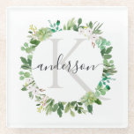 SUCCULENT EUCALYPTUS FOLIAGE WATERCOLOR MONOGRAM GLASS COASTER<br><div class="desc">If you need any further customisation or any other matching items,  please feel free to contact me at info@yellowfebstudio.com</div>